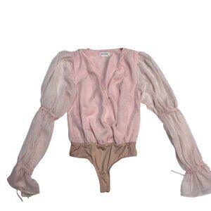 EUC Lovers and Friends Pink Sheer Sleeve Bodysuit XS